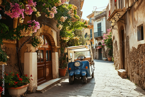 Three-wheeled light commercial vehicle Piaggio Ape in the streets of Taormina in Sicily