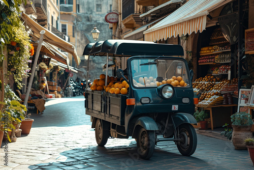 Three-wheeled light commercial vehicle Ape in the streets of Taormina in Sicily