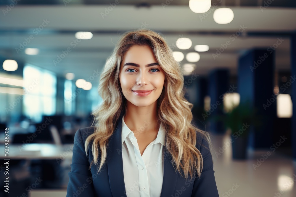 Fototapeta premium A professional woman dressed in a business suit smiles directly at the camera.