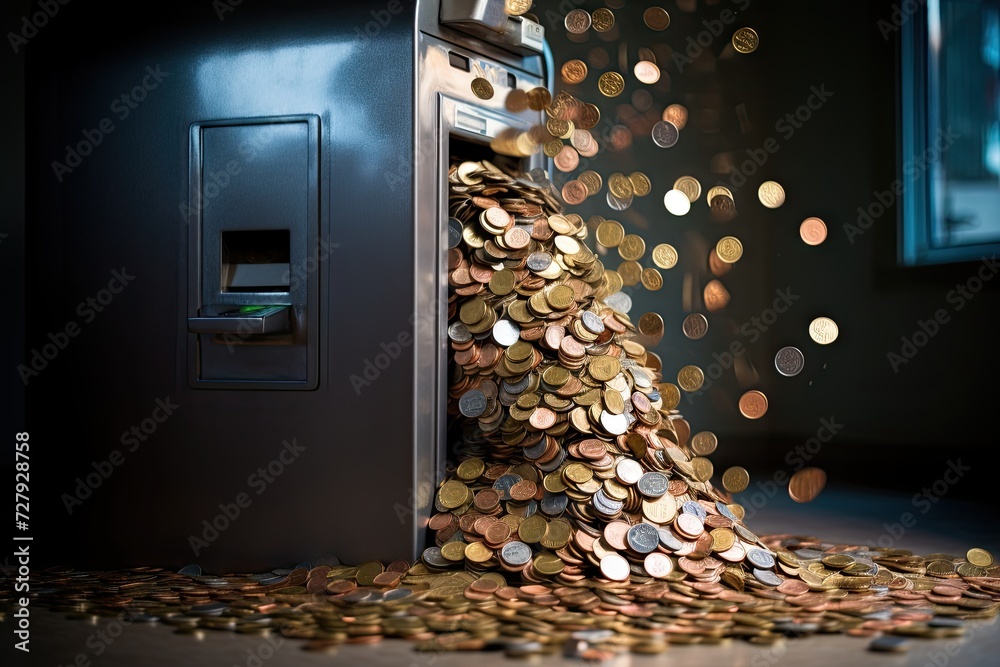 A stack of coins placed in front of a mechanical device designed for counting or dispensing currency. - obrazy, fototapety, plakaty 