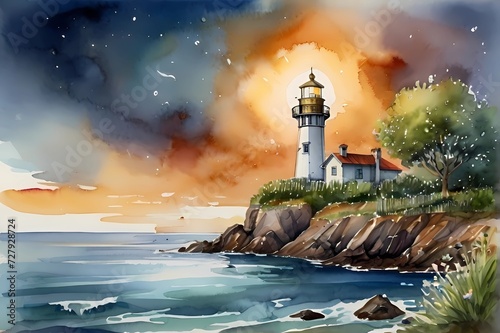A watercolor illustration of a lighthouse on an island illuminating the night sea