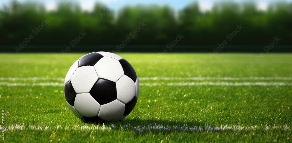 A soccer ball sits stationary on top of a vibrant green field, showcasing the anticipation of a game.