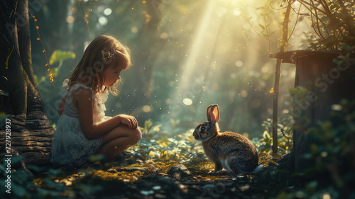 Little Girl Encounters Rabbit in Sunlit Woods  A young girl in a delicate dress marvels at a rabbit among the twinkling lights of a forest at sunrise  easter theme