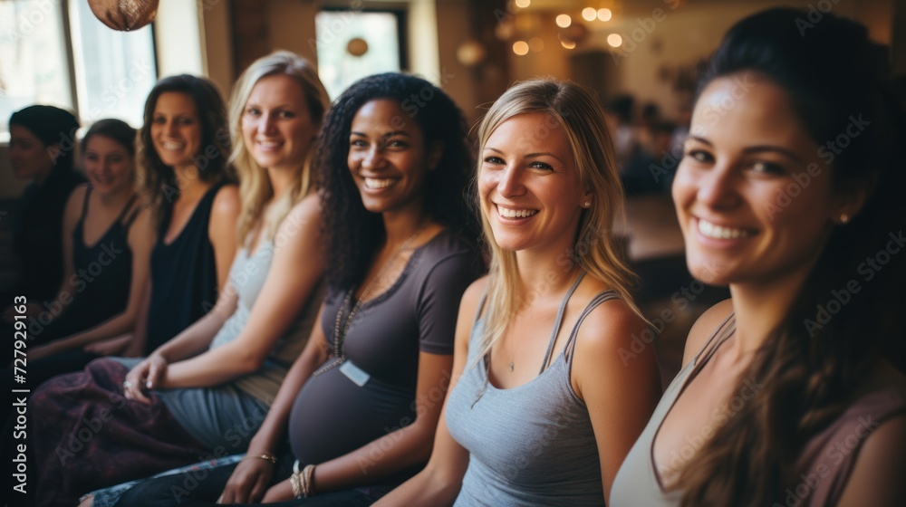 Group of pregnant mothers in prenatal yoga class Smile and practice health - obrazy, fototapety, plakaty 
