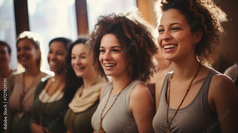 Group of pregnant mothers in prenatal yoga class Smile and practice health