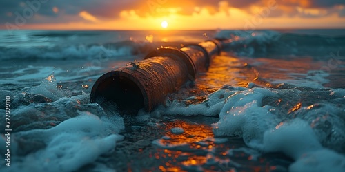 Dramatic sunrise over ocean with foam-covered outfall pipe, serene coastal scenery. nature photography for wall art. AI photo