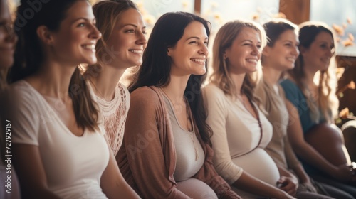 Group of pregnant mothers in prenatal yoga class Smile and practice health photo