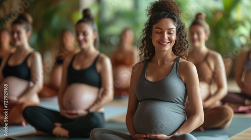 Group of pregnant mothers in prenatal yoga class Smile and practice health