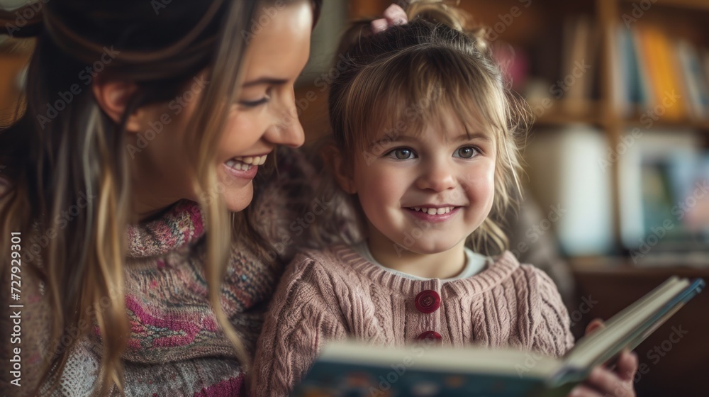 of a preschool girl laughing happily while sitting with her mother reading a story book of a preschool girl laughing happily while sitting with her mother reading a story book