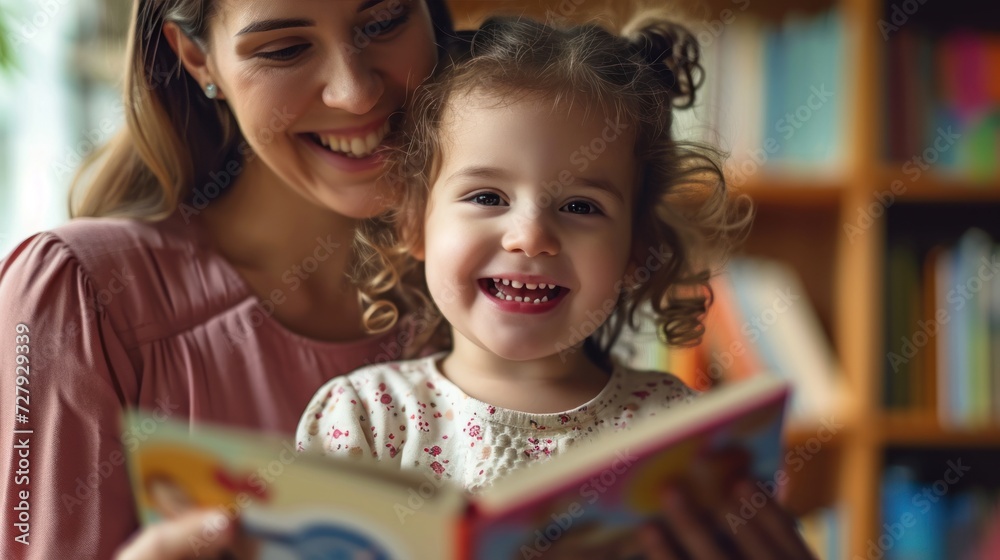 of a preschool girl laughing happily while sitting with her mother reading a story book of a preschool girl laughing happily while sitting with her mother reading a story book