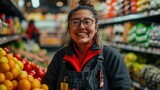 Smiling woman with Down syndrome works in a grocery store.