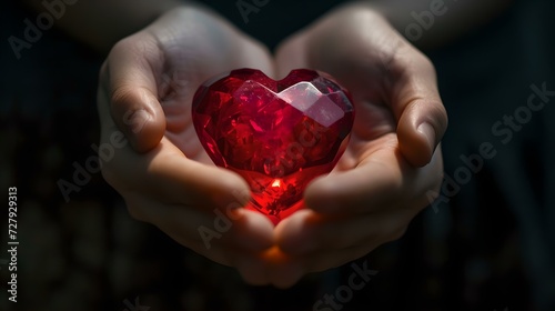 Hands gently cradle a radiant red heart-shaped gemstone, symbolizing love and care. dark, moody backdrop highlights the glowing gem. perfect for romantic concepts. AI