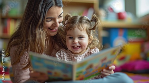 of a preschool girl laughing happily while sitting with her mother reading a story book