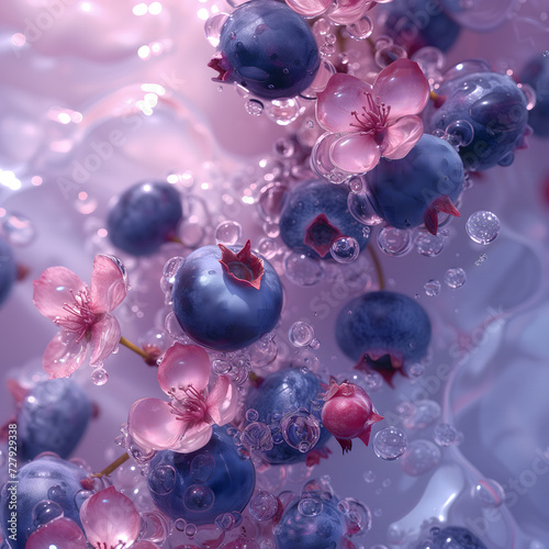 Fresh Blueberries and Pink Flowers Submerged in Sparkling Water. AI.