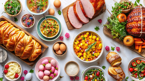 Traditional Easter dinner or brunch with ham, colored eggs, hot cross buns, cake and vegetables. Easter meal dishes with holyday decorations. Top view