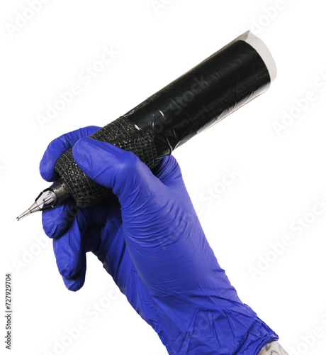 PNG transparent background tattoo artist holding a ready tattoo machine. Concept business, art.