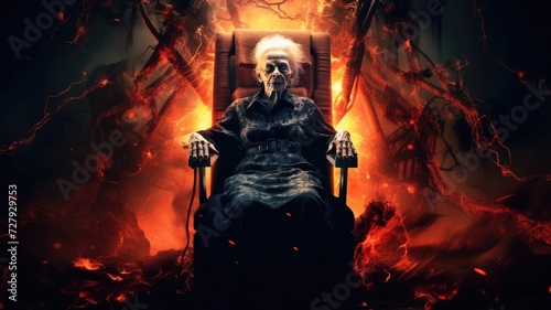 An old angry elderly grandmother in a chair against a background of fire. Apocalypse.