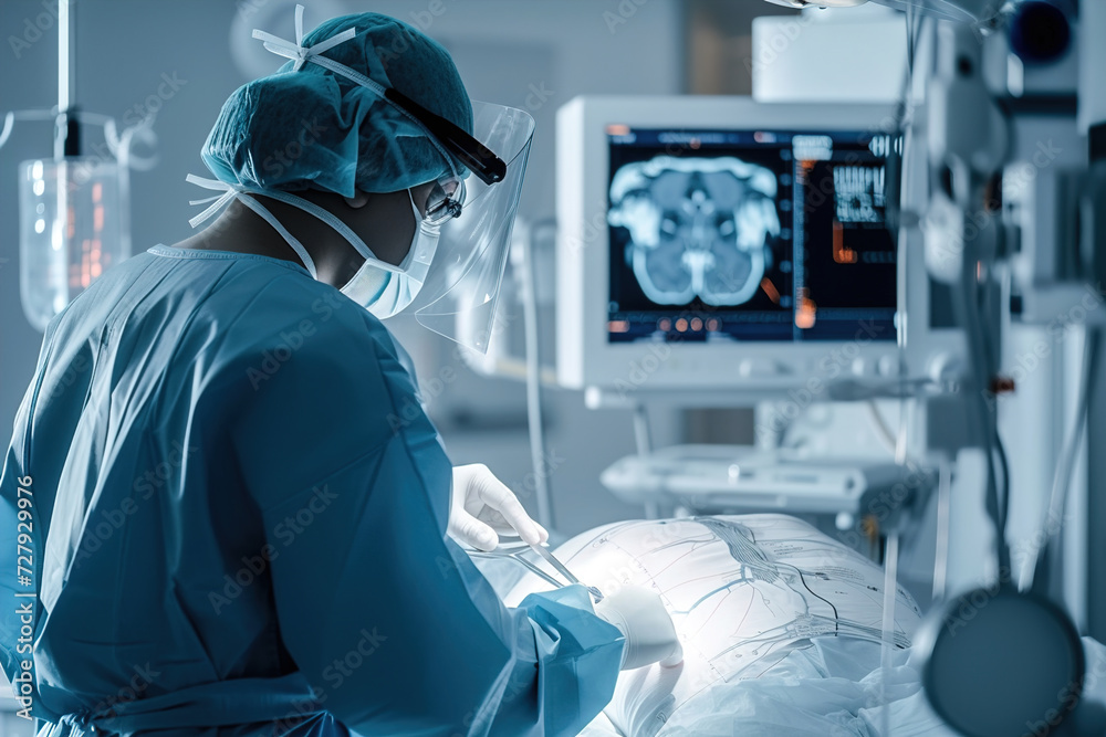 A futuristic medical setting where a surgeon is performing a bionic ...