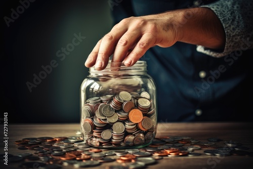 A person carefully adds coins into a glass jar.