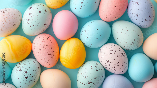 Pattern made of colourfull pastel eggs on blue pastel background. Minimal Easter concept with copy space frame. Flat lay, top view. Easter inspiration. Holiday decorations for interiors.