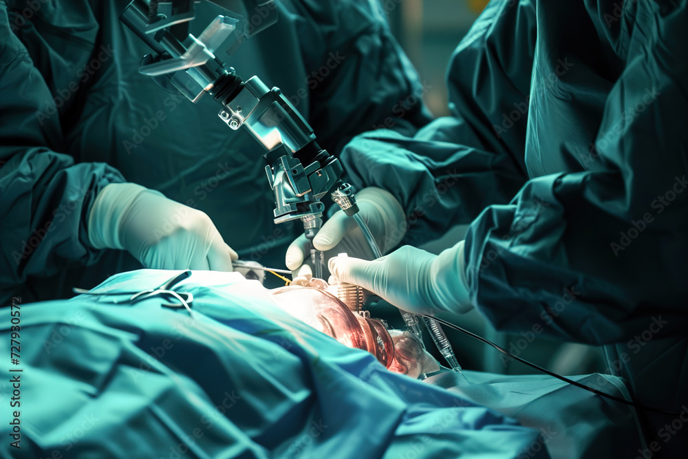 A futuristic medical setting where a surgeon is performing a bionic surgery with special equipment. A futuristic medical setting where a surgeon is performing a bionic surgery with special equipment.