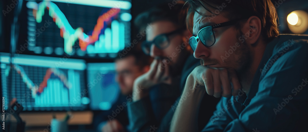 Fototapeta premium Person typing on a digital computer. Virtual stock chart with a downtrend. A group of sad businessmen analyze a virtual graph in despair.