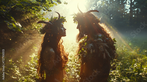Romantic fairy tale illustration about the beautiful fantastic Faun and Nymph