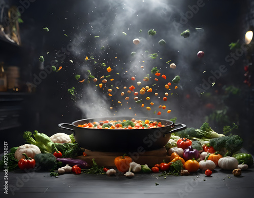 Fresh vegetables fly in a pan. Cooking with various chopped vegetables in a pan. Ai generation