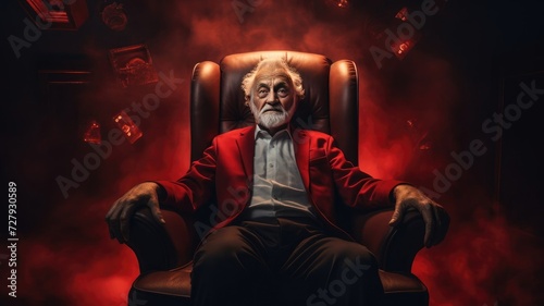 An old angry elderly grandfather in a chair against a background of skulls. Apocalypse, horror, halloween.