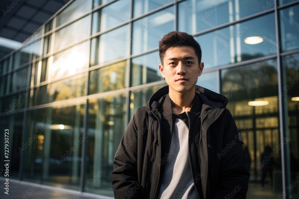 Fototapeta premium A young man stands confidently in front of a modern building, posing for a photo.