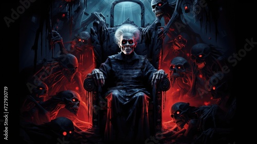 An old angry elderly grandmother in a chair against a background of skulls. Apocalypse.