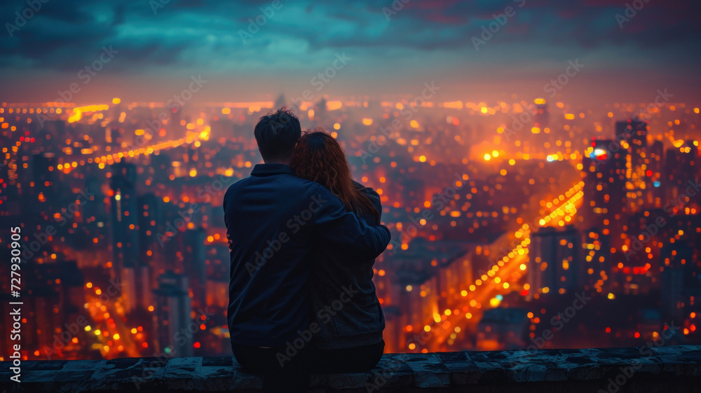 Fototapeta premium A couple in love hugs against the backdrop of the night city. Romantic date on St. Valentine's Day.