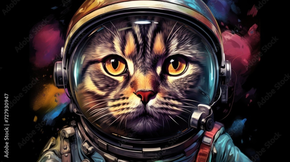 Astronaut cat in a spacesuit against the background of space. A fantastic neon illustration.