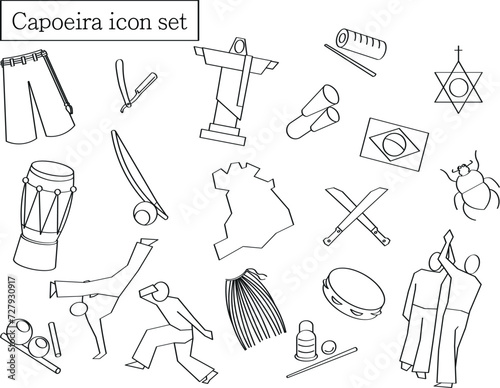 Set of brazilian capoeira culture symbols. Capoeira instruments like, berimbau, atabaque, agogo, pandeiro. People playing capoeira angola and regional. Vector icon collection black outline design.  photo