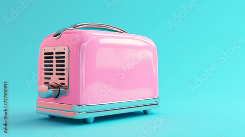 Light magenta vintage toaster with chromium elements on blue background, minimalist. Retro futuristic home appliance