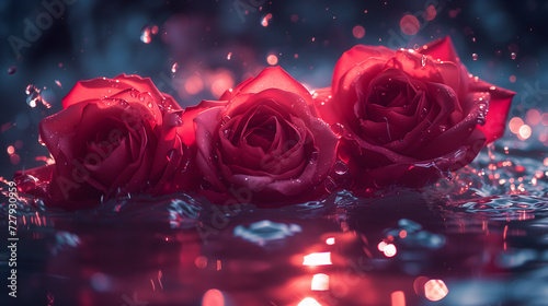 Crimson Roses With Water Droplets Captured in Soft Evening Light Indoors. AI.