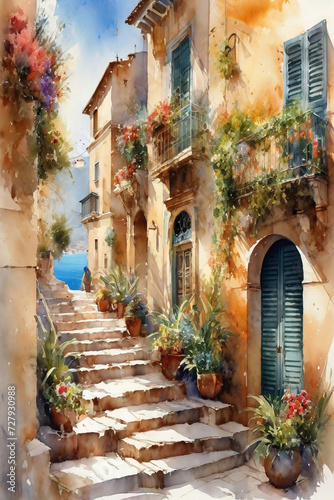 Picturesque Coastal Village, Watercolor © ahmad