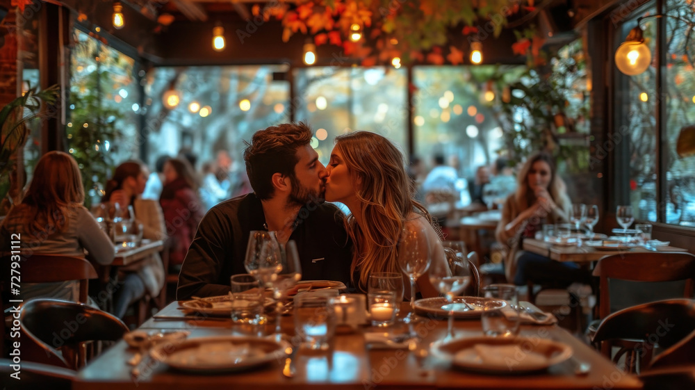 Happy couple kissing on a date in a restaurant on Valentine's Day.
