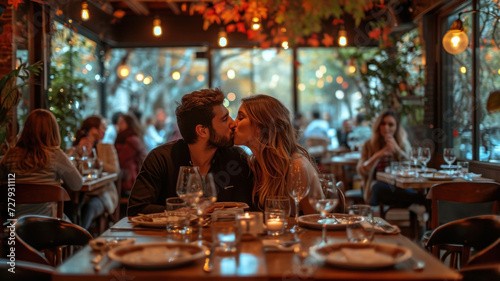 Happy couple kissing on a date in a restaurant on Valentine s Day.