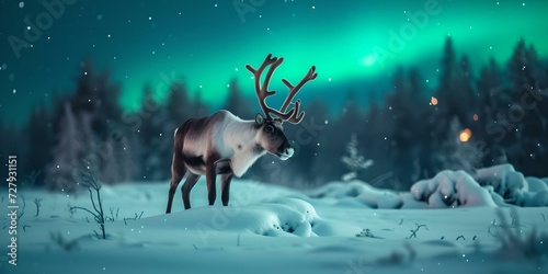 Majestic reindeer in snowy landscape under northern lights. serene winter night scenery. perfect for wall art and holiday themes. AI