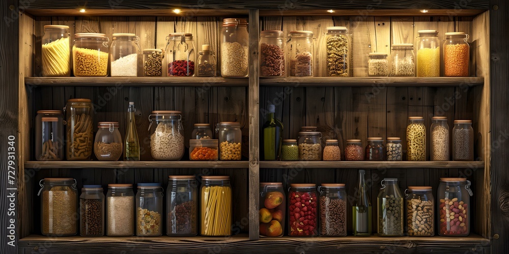 Assorted dry goods in jars on wooden shelves. home pantry organization concept. vintage kitchen storage idea. suitable for decor magazines. AI