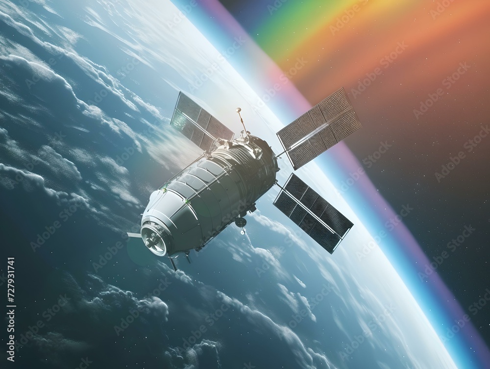 Satellite orbits earth with radiant rainbow, showcasing space exploration. ideal for science and education. AI Satellite orbits earth with radiant rainbow, showcasing space exploration. ideal for science and education. AI