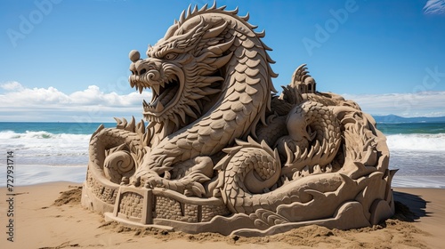 Sand sculpture of a dragon lion. Generative AI