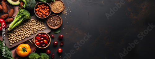 Wide view from above banner image of Vegetarian Day food banner with different types of vegetables and fruit items in a manner on black color wooden table mockup photo