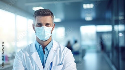 A male doctor wearing a mask on a blue background. Portrait of a doctor.