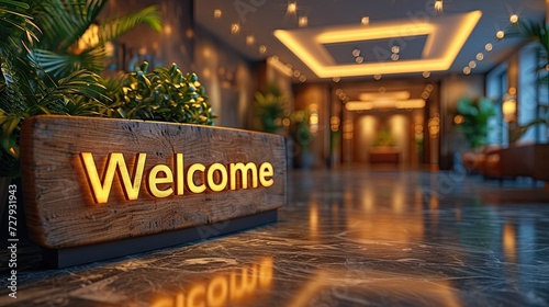 Sign with the text welcome in a hotel. Generative AI