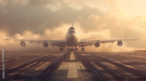 Commercial airplane taking off on runway at sunset, awe-inspiring sky, concept of travel and adventure. ideal for marketing materials. AI