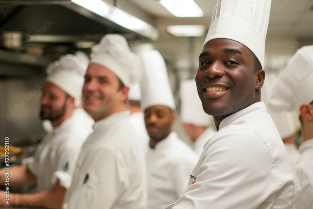 Professional chefs from different cultural backgrounds, smiling in a commercial kitchen, showcasing culinary diversity.