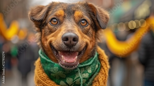 Cute dog with with a green scarf around his neck on green background. St. Patrick's Day celebration photo