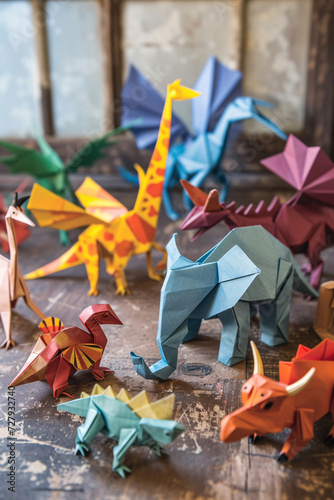 Diverse set of origami creations ranging from butterfly to dinosaur in artistic paper folds